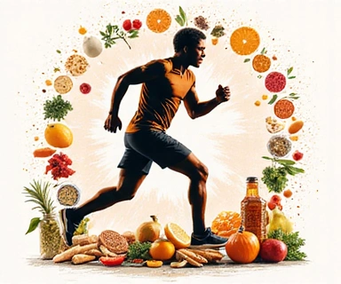 Ilustrace sportovní výživy s atletem a energetickými potravinami